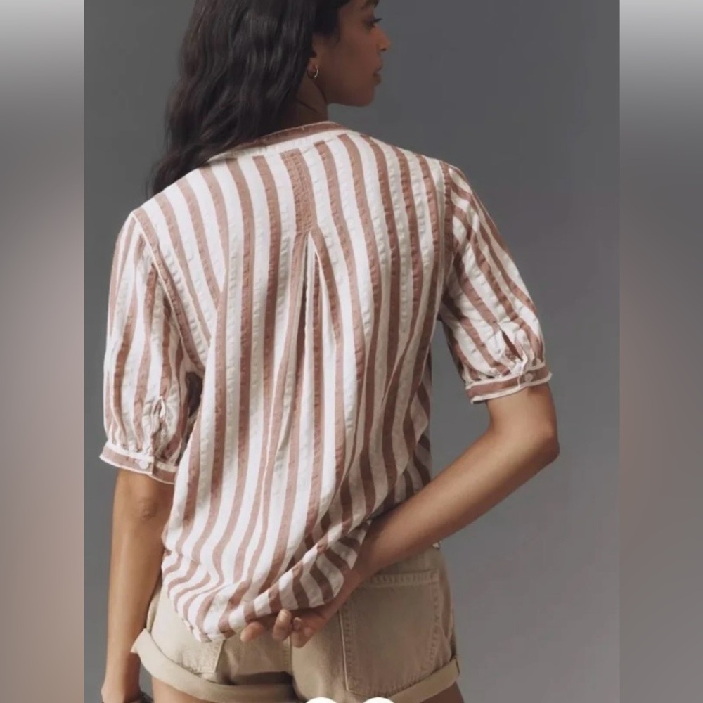 Cloth and Stone Striped Short Sleeve Top in White and Brown - size small - Picture 3 of 7